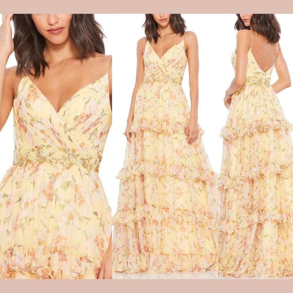 NEW Mac Duggal [ 6‎ ] 67794 Floral Printed A-Line Tiered Gown in Lemon #Q1197